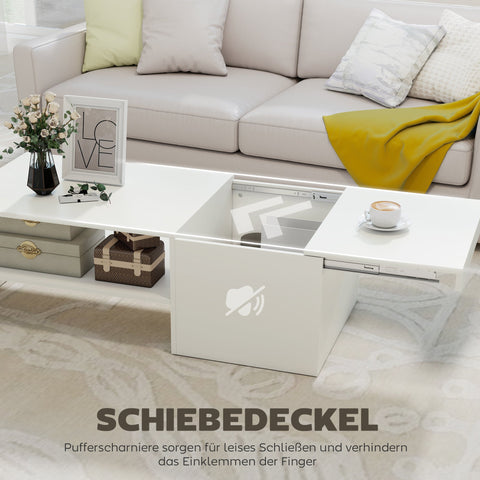 Rootz Adjustable Coffee Table - Lift Top Table - White Storage Table - Sliding Surface, Hidden Storage, Chipboard, Metal Rails, 110x52x36 cm