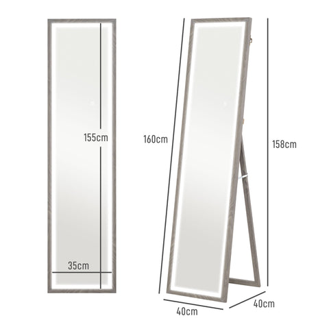 Rootz LED Full Body Mirror - Floor Length Mirror - Touch Control - Dimmable Lighting - 160 x 40 cm - Grey - Enhances Room Elegance