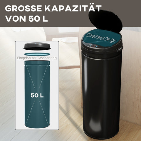 Rootz 50L Sensor Waste Bin - Automatic Trash Can - Touch-Free Bin - Soft-Close Function - Black Stainless Steel