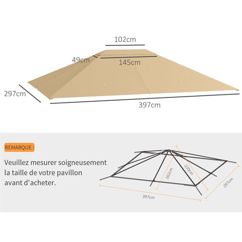 Rootz Pavilion Replacement Roof - Baldachin - Canopy Top - Weather-Resistant & UV30+ - 397cm x 297cm - Khaki