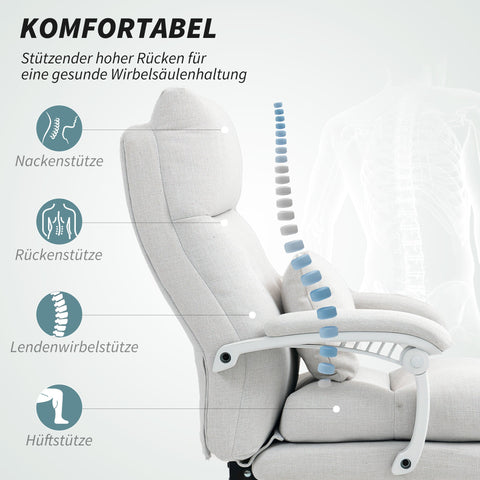 Rootz Roll Armchair - Linen Look - Office Chair - Height Adjustable Recliner - White - Footrest - 68cm x 70cm x 114-122cm