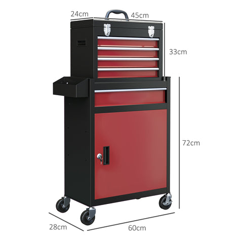 Rootz Rollable Tool Cabinet - Workshop Trolley - Tool Storage Chest - Lockable Metal Design - 45L x 24W x 33H cm, 60L x 28W x 72H cm