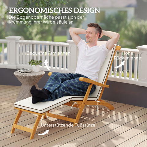 Rootz Foldable Garden Lounger - Sun Lounger - Deck Chair - Supports 160kg - 155cm x 54cm x 86cm - White, Brown Finish
