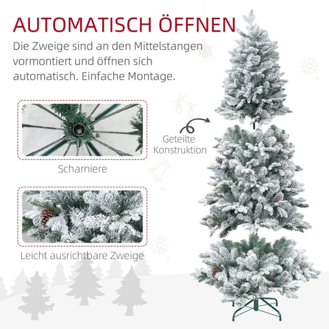 Rootz Artificial Snow Christmas Tree - Indoor Xmas Tree - Pine Cones - Hinged Construction - Flame Retardant - Green - Ø97cm x 180cm