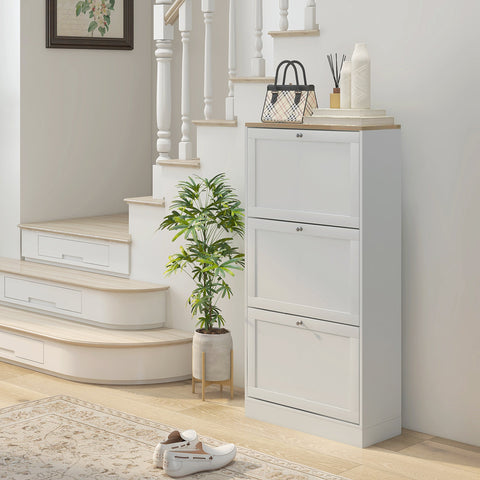 Rootz Scandinavian Shoe Cabinet - Entryway Storage - White Wood Look - Holds 18 Pairs - Space-Saving Organizer - 60 x 23.5 x 115 cm