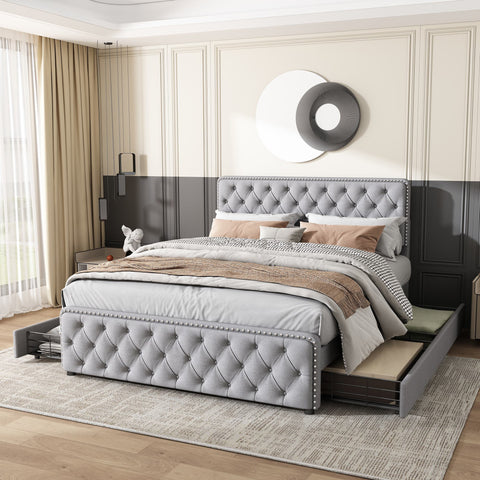 Rootz Upholstered Bed - Platform Bed - Storage Bed - Height-Adjustable Headboard - 211.5cm x 160cm x 108.5cm - Light Gray Linen Fabric