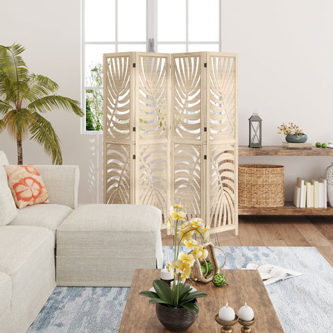 Rootz 4 Panel Paravent - Room Divider - Folding Screen - Privacy Screen - Brown, Elegant Leaf Design, Foldable, 160cm x 170cm