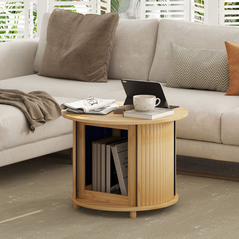 Rootz Round Side Table - Coffee Round Table - Bamboo Sofa Table - Hidden Storage, Sliding Door - Ø60 x 45cm, Holds 20 kg