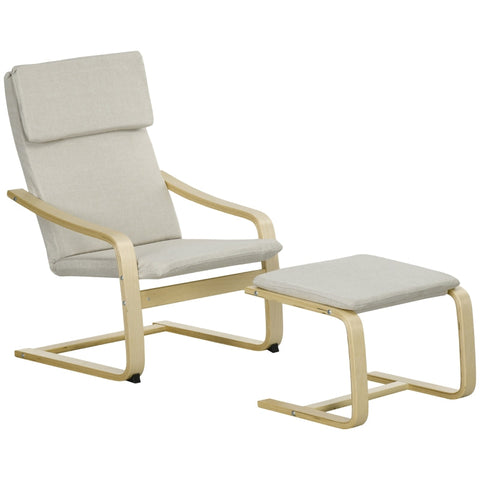 Rootz Armchair Set with Footstool - Upholstered Lounge Chair - Wooden Frame - Lightweight & Compact - Breathable Linen Fabric - Cream+Natural - 66.5cm x 80cm x 99cm