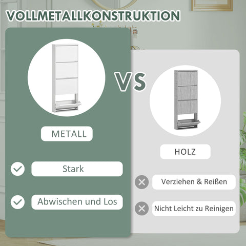 Rootz Narrow Metal Shoe Cabinet - Slim Shoe Rack - Entryway Organizer - Space-Saving, Stores 8 Pairs, White, 55x15x139.5cm