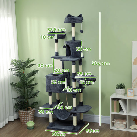 Rootz 206 cm Cat Tower - Scratching Tree - Activity Center - Sisal Trunks - Spacious Condos - 60L x 50B x 206H cm - Grey, White