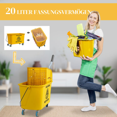 Rootz Cleaning Trolley 20L – Janitor Cart – Mop Bucket – Easy Maneuver – 45 x 26.5 x 70 cm – Yellow – Includes Press & Mop