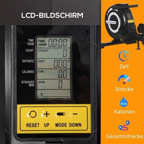 Rootz Foldable Rowing Machine - Magnetic Resistance - Home Workout Equipment - LCD Display - Adjustable Seat - 185cm x 58cm x 57cm