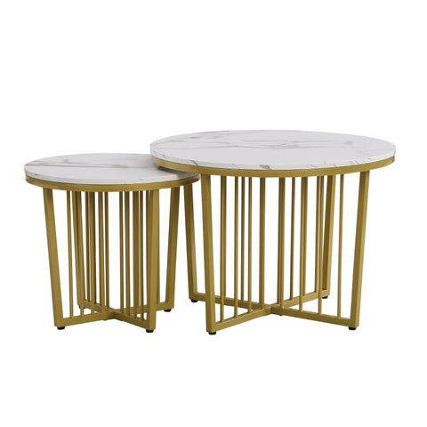 Rootz Nesting Coffee Table Set - High Gloss Tables - Marble Look - Luxurious Design - 70x70x50cm & 50x50x45cm - Gold-Plated Durability