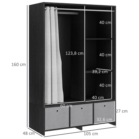 Rootz Wardrobe with Pole Curtain - Closet with Storage - Fabric Drawer Organizer - Ample Storage Space - 105 x 48 x 160 cm