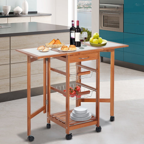 Rootz Serving Trolley - Rolling Kitchen Cart - Mobile Storage Unit - Foldable Work Surface - Easy-Care Ceramic Top - 91cm x 37cm x 75cm