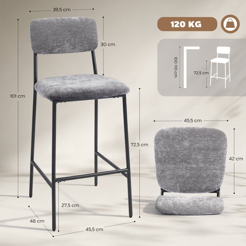 Rootz Set of 2 Bar Chairs – Padded High Chairs – Kitchen Stools – Counter Seating – Ultimate Comfort – 45.5x48x101cm – Grey Fabric, Steel Frame, Ergonomic Backrest