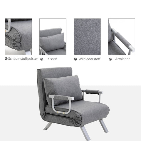 Rootz Reversible Armchair - Lying Chair - Guest Bed - Powder Coated Metal Frame - 65cm x 69cm x 80cm - Grey