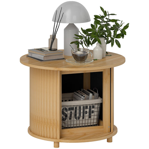 Rootz Round Side Table - Coffee Round Table - Bamboo Sofa Table - Hidden Storage, Sliding Door - Ø60 x 45cm, Holds 20 kg