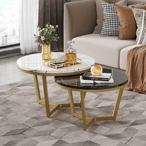 Rootz Luxurious Coffee Table Set - Marble Look - Elegant Nesting Tables - Adds Style - 70x70x45cm & 50x50x40cm - Gold Frame - L-shaped Design