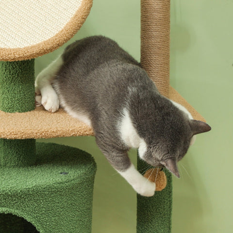 Rootz Cat Tree with Artificial Leaves - Scratching Post - Play Center - Plush & Jute Comfort - 48L x 44W x 139H cm