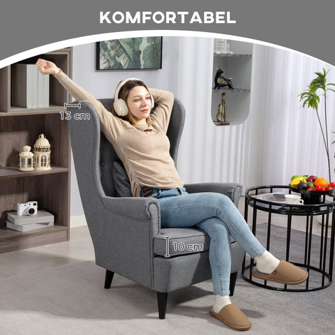 Rootz Wing Chair with Foot Stool - Upholstered Armchair - Comfortable High Backrest - 75cm x 83cm x 104cm - Elegant Grey Linen-Like Fabric