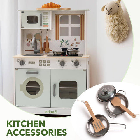 Rootz Green Modern Look Play Kitchen - Kids Chef Set - Pretend Play Kitchen - Spark Imagination - Enhance Social Skills - Realistic Lights & Sounds - 90cm x 60cm x 30cm - Wood