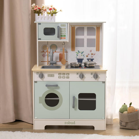 Rootz Green Modern Look Play Kitchen - Kids Chef Set - Pretend Play Kitchen - Spark Imagination - Enhance Social Skills - Realistic Lights & Sounds - 90cm x 60cm x 30cm - Wood