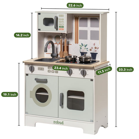 Rootz Green Modern Look Play Kitchen - Kids Chef Set - Pretend Play Kitchen - Spark Imagination - Enhance Social Skills - Realistic Lights & Sounds - 90cm x 60cm x 30cm - Wood