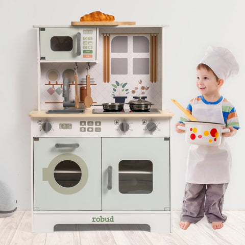 Rootz Green Modern Look Play Kitchen - Kids Chef Set - Pretend Play Kitchen - Spark Imagination - Enhance Social Skills - Realistic Lights & Sounds - 90cm x 60cm x 30cm - Wood