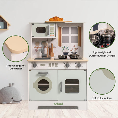 Rootz Green Modern Look Play Kitchen - Kids Chef Set - Pretend Play Kitchen - Spark Imagination - Enhance Social Skills - Realistic Lights & Sounds - 90cm x 60cm x 30cm - Wood