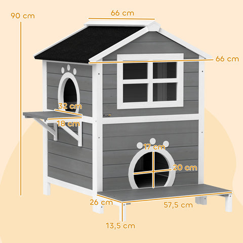 Rootz Outdoor Cat House - Weatherproof Shelter - Kitty Condo - 2 Levels - Removable Floor - 66cm x 66cm x 90cm - Grey White