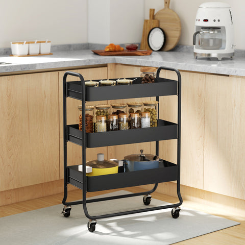Rootz Kitchen Trolley - Storage Cart - Rolling Organizer - Declutter & Mobile Design - Metal, Black, 3 Baskets, 4 Wheels, 64.5x34x87 cm