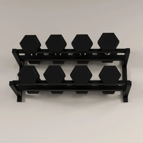 Rootz Dumbbell Stand - Dumbbell Rack - 2 Levels - Kettlebells - Safe Storage - Yoga Mats - Capacity 70 Kg - Steel Frame - Black - 98x40x35 cm