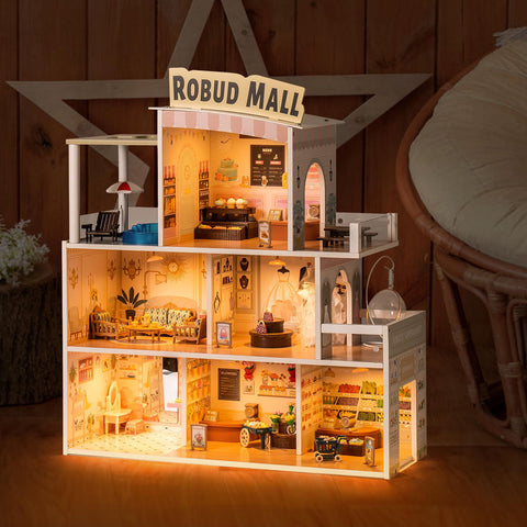 Rootz Wooden Shopping Mall Dollhouse - Magical Playtime Experience - Interactive Playhouse - Miniature Accessories - High-Quality Craftsmanship - 76 x 51 x 89 cm