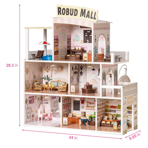 Rootz Wooden Shopping Mall Dollhouse - Magical Playtime Experience - Interactive Playhouse - Miniature Accessories - High-Quality Craftsmanship - 76 x 51 x 89 cm