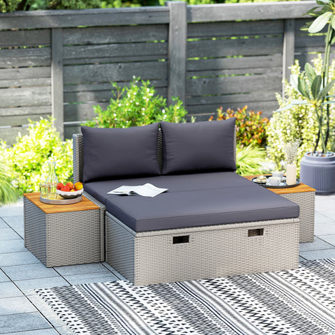 Rootz Poly Rattan Sun Lounger - Double Bed - Outdoor Recliner - Weather-Resistant - 125x114x72.5 cm Grey