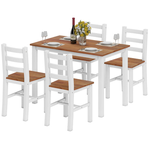 Rootz Dining Group Set - Dining Table - 4 Chairs - Space-Saving - Pine Wood - Brown+White - Table 108cm x 77cm; Chair 42cm x 46cm x 86cm