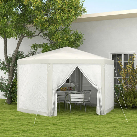 Rootz Gazebo - Garden Pavilion - Hexagonal - Ground Spikes - Mesh Curtains - Metal Frame - Polyester - Metal - Cream - 394L x 394W x 250H cm