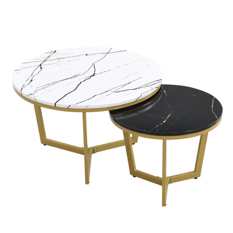 Rootz Luxurious Coffee Table Set - Marble Look - Elegant Nesting Tables - Adds Style - 70x70x45cm & 50x50x40cm - Gold Frame - L-shaped Design