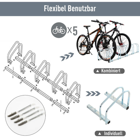 Rootz 5 Bicycle Stand - Bike Rack - Cycle Holder - Durable & Weatherproof - Space-Saving Design - Versatile Mounting - 145cm x 33cm x 27cm - Galvanized Steel