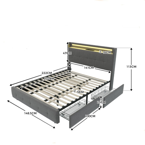 Rootz Gray Double Bed - USB Charging Headboard - LED Light - Storage Drawers - Eco-Friendly - 222L x 148.5W x 113H cm