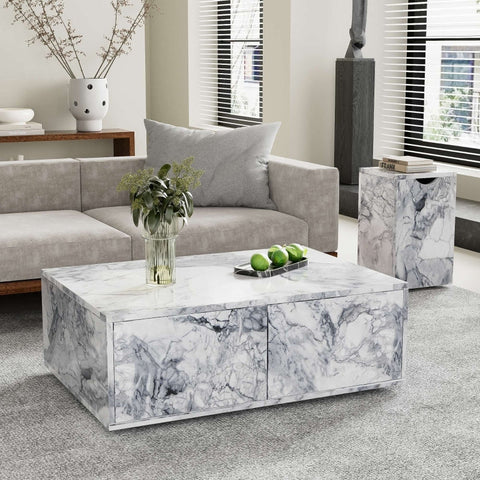 Rootz Marble Pattern Coffee Table Set - Coffee Table - Accent Tables - Versatile Design with Storage - 100x33.5x70cm & 32x32x50cm