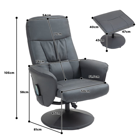 Rootz Massage Chair with Footstool - Ergonomic Recliner - Relaxation Chair - 10 Vibration Points - 76cm x 81cm x 105cm - Grey