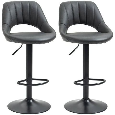 Rootz Bar Stools - Set of 2 - Leather Look - Height Adjustable Footrest - Metal Frame - Faux Leather - Gray - 44 x 49 x 90-110 cm