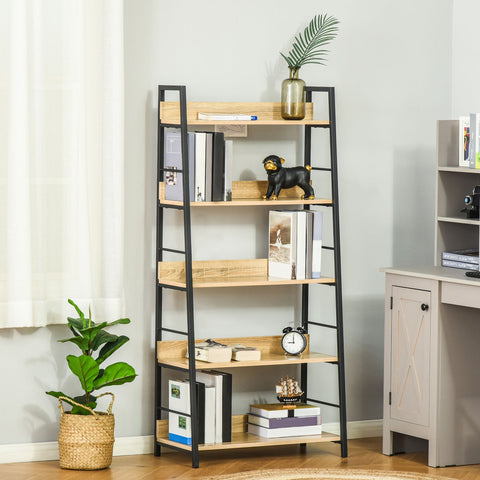 Rootz Inclined Industrial Bookcase - 5 Tier Shelf - Living Room Storage - Durable MDF & Metal - 70L x 35W x 149.5H cm - Brown, Black Finish