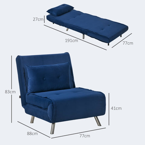 Rootz Reclining Chair - Lounge Chair - Single Bed - Ultimate Comfort - Adjustable Backrest - Velvet Fabric - 77cm x 88cm x 83cm (Chair) - 191cm x 77cm x 27cm (Bed)
