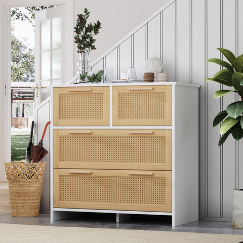 Rootz High-Quality Rattan Cabinet - 4 Drawer Storage - Solid Wood Handles - Durable & Stylish - 80L x 80W x 38H cm
