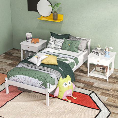 Rootz Single Bed Frame - Pine Wood Bed - Natural Wood Frame - Storage Space - 208cm x 96cm x 70cm - White Frame - Mattress Not Included