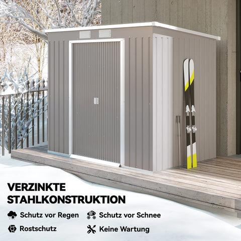 Rootz Tool Shed – Outdoor Storage, Garden Shelter – Galvanized Steel, Ventilated, Sliding Doors, Grey – 213x130x172cm Durable